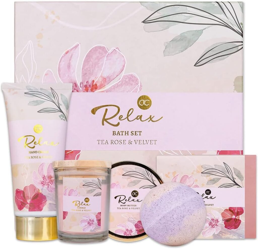 accentra - Coffret cadeau 5 pièces RELAX - avec bougie parfumée, savon, crème pour les mains, beurre corporel et bombe de bain - bien-être pour femmes et filles accentra - Coffret cadeau 5 pièces RELAX - avec bougie parfumée, savon, crème pour les mains, beurre corporel et bombe de bain - bien-être pour femmes et filles