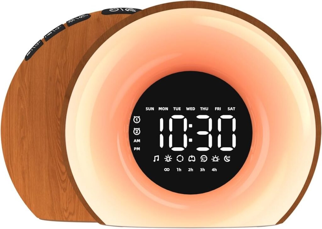 OrangeLight Réveil lever du soleil avec simulation du lever du soleil - 25 sons de sommeil naturels - 12 couleurs - Veilleuse double alarme - Fonction snooze - Aide au sommeil - Pour enfants et