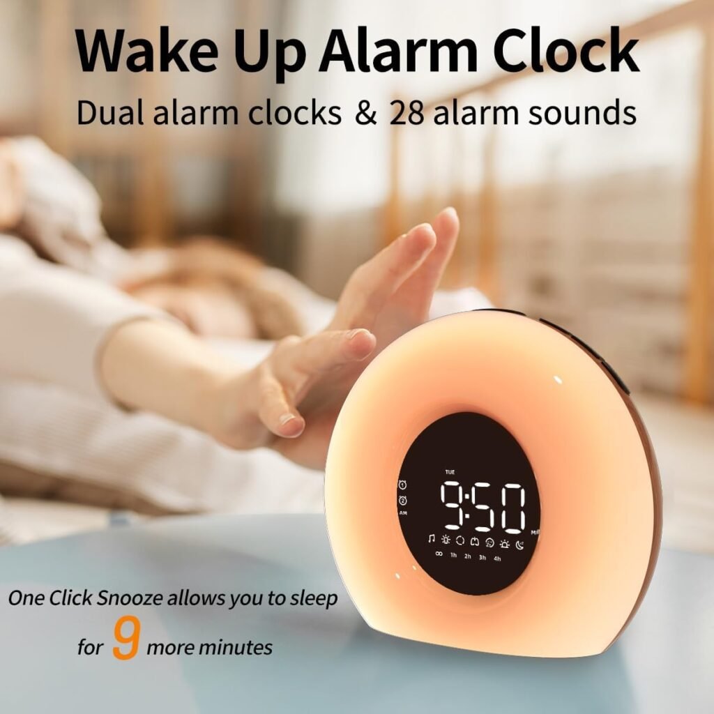 OrangeLight Réveil lever du soleil avec simulation du lever du soleil - 25 sons de sommeil naturels - 12 couleurs - Veilleuse double alarme - Fonction snooze - Aide au sommeil - Pour enfants et