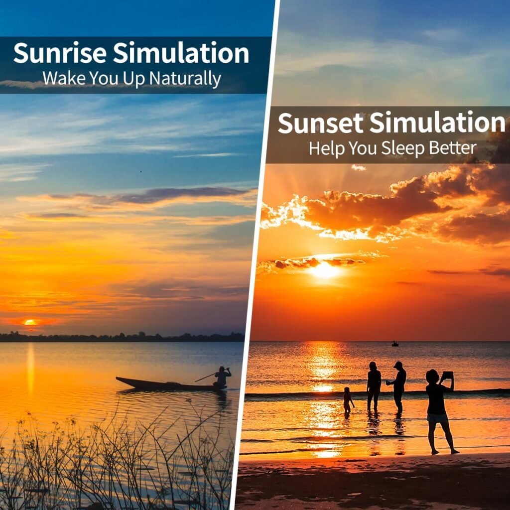 OrangeLight Réveil lever du soleil avec simulation du lever du soleil - 25 sons de sommeil naturels - 12 couleurs - Veilleuse double alarme - Fonction snooze - Aide au sommeil - Pour enfants et