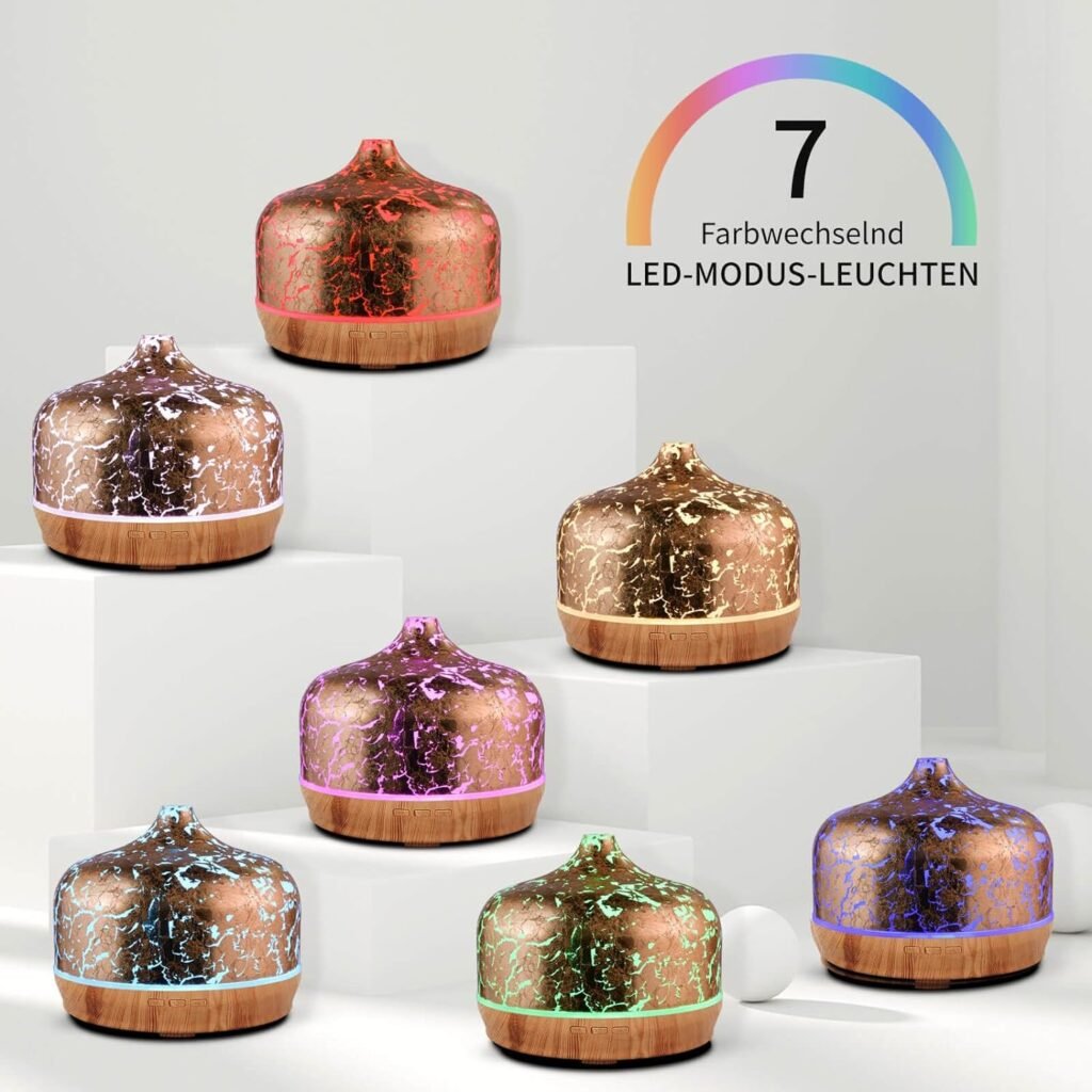 Porseme Verre diffuseur darômes 500ml, diffuseur pour huiles essentielles, Grand humidificateur, Brume fraîche ultrasonique, 7 changements de Couleur, Dure 15 à 21 Heures pour Appartement(Plaqué Or)