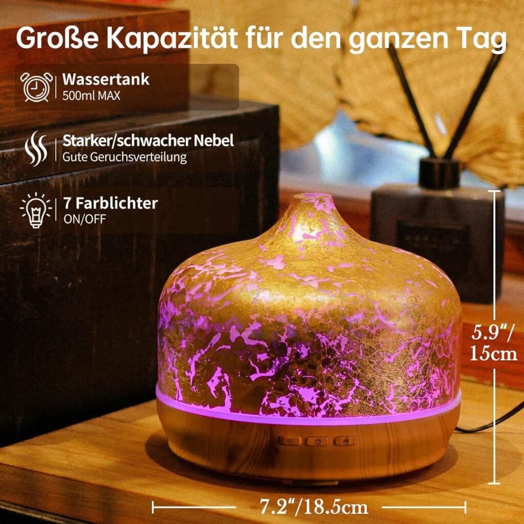 Porseme Verre diffuseur darômes 500ml, diffuseur pour huiles essentielles, Grand humidificateur, Brume fraîche ultrasonique, 7 changements de Couleur, Dure 15 à 21 Heures pour Appartement(Plaqué Or)