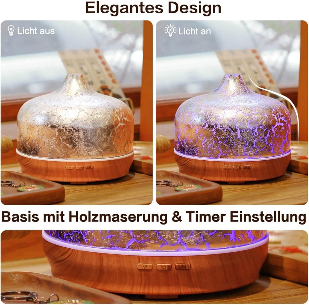 Porseme Verre diffuseur darômes 500ml,diffuseur pour huiles essentielles,grand humidificateur, brume fraîche ultrasonique, 7 changements de couleur,dure 15 à 21 heures pour appartement(Plaqué argent)