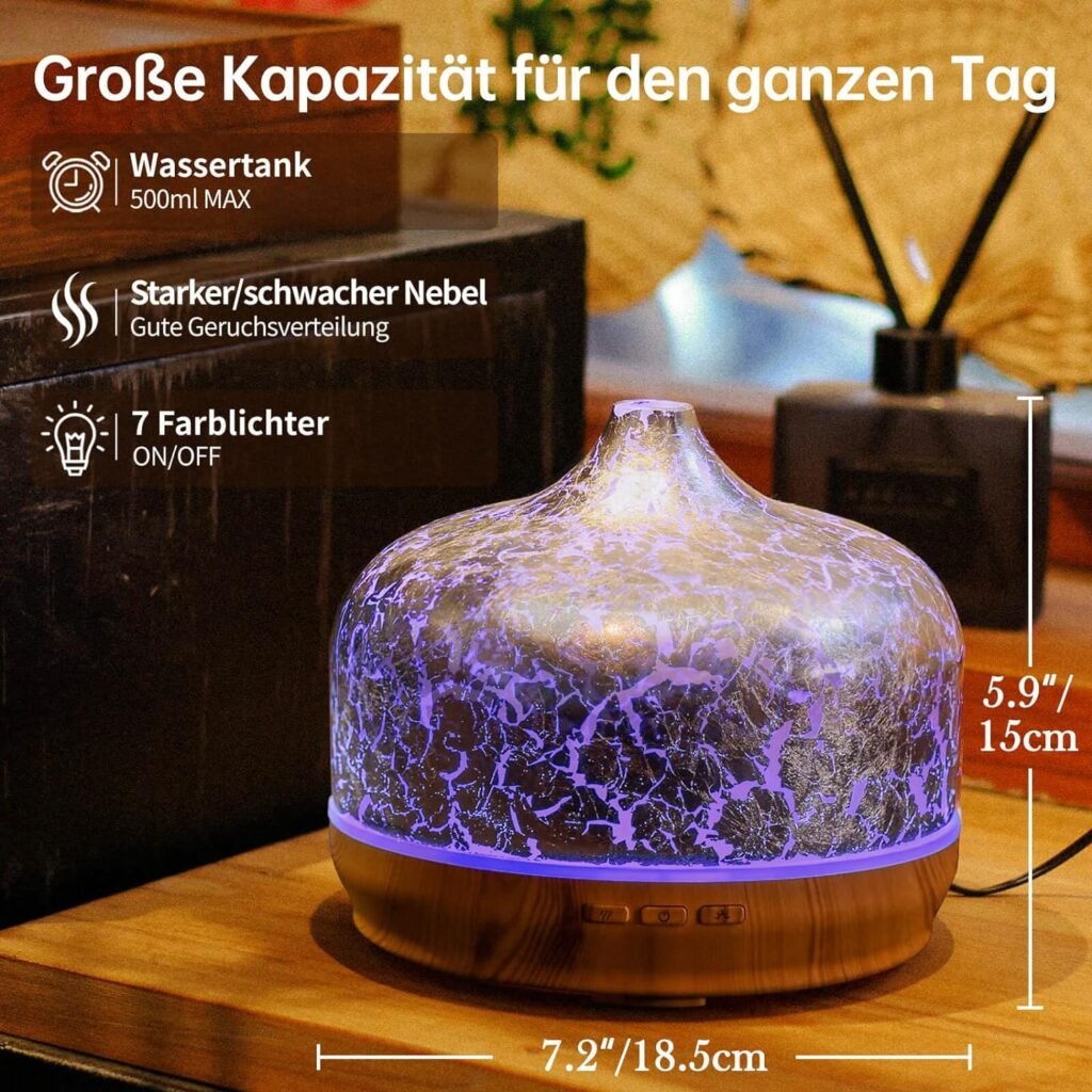 Porseme Verre diffuseur darômes 500ml,diffuseur pour huiles essentielles,grand humidificateur, brume fraîche ultrasonique, 7 changements de couleur,dure 15 à 21 heures pour appartement(Plaqué argent)